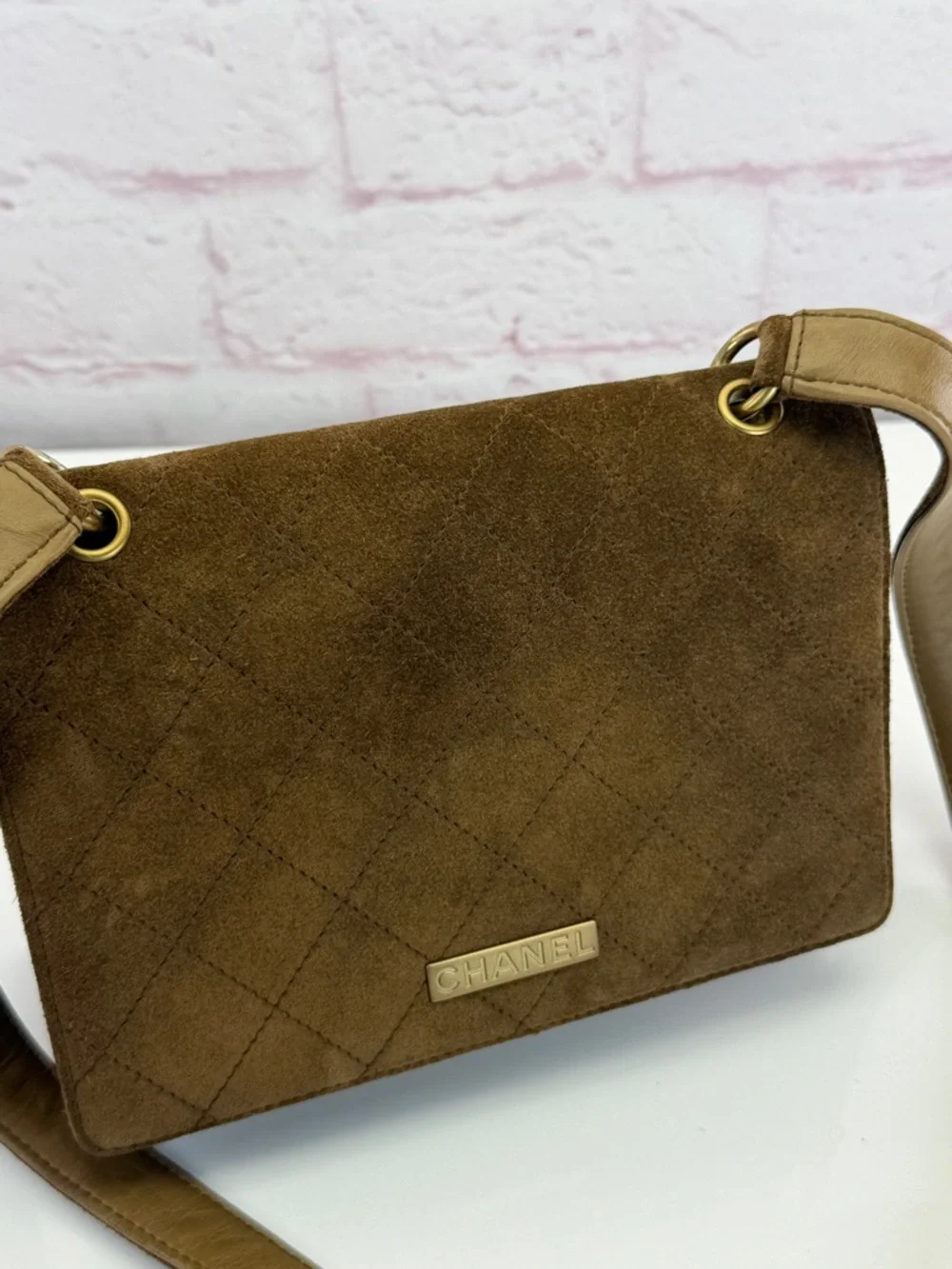 CHANEL Vintage Brown Suede Quilted Shoulder Bag